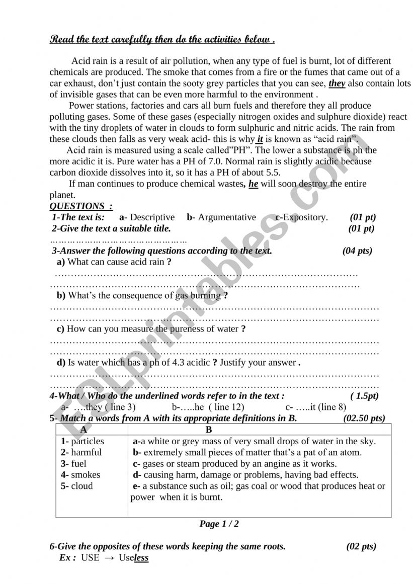 test about acid rain worksheet