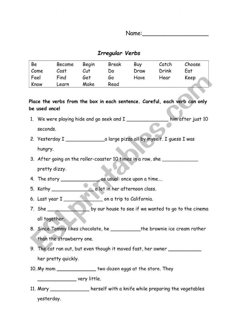 Irregular Verbs Exercise2 worksheet