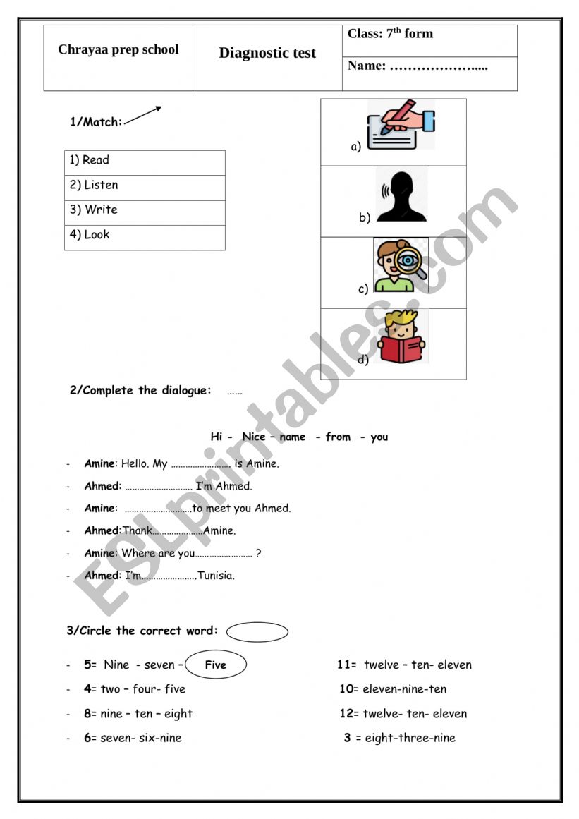 7th form diagnostic test worksheet