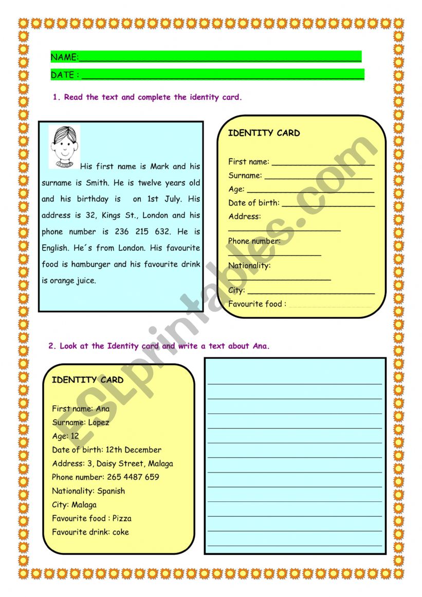 Identity cars worksheet