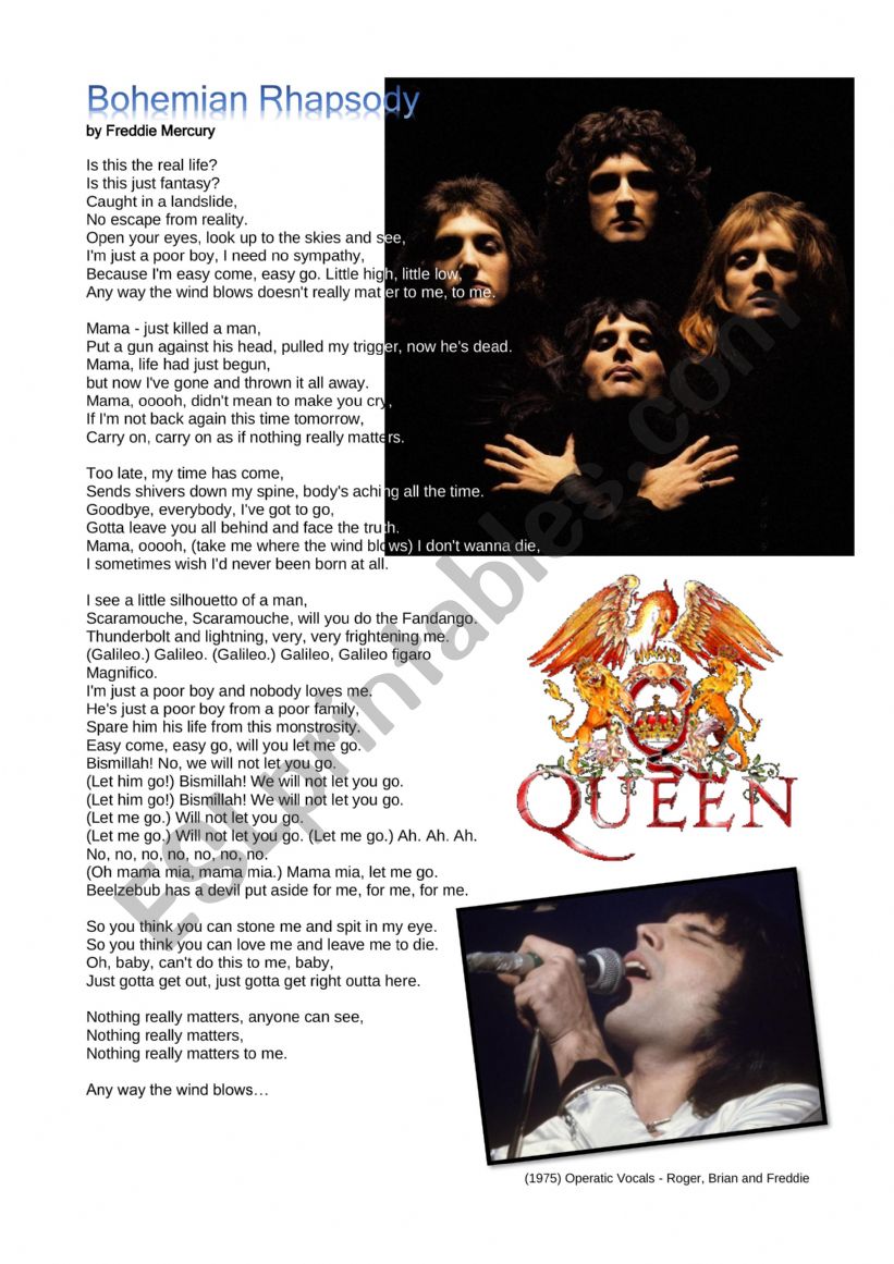 Queen - Bohemian Rhapsody worksheet