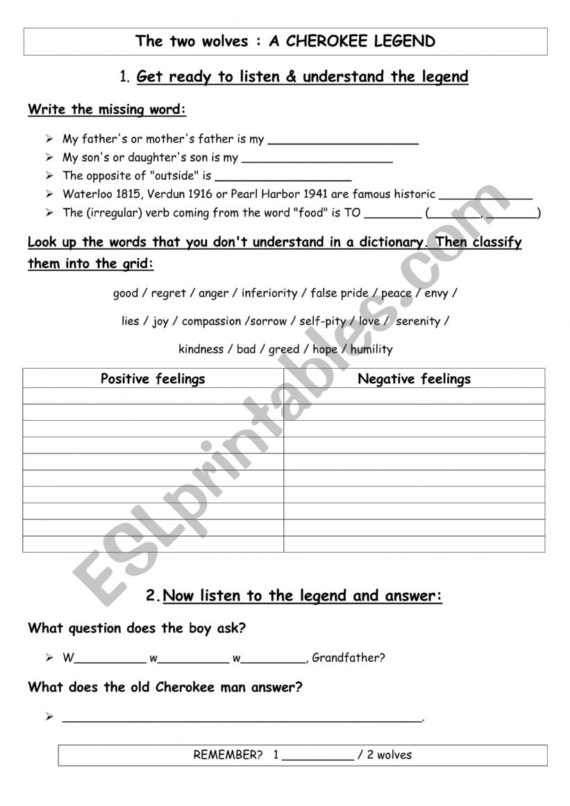 Tale of Two Wolves worksheet