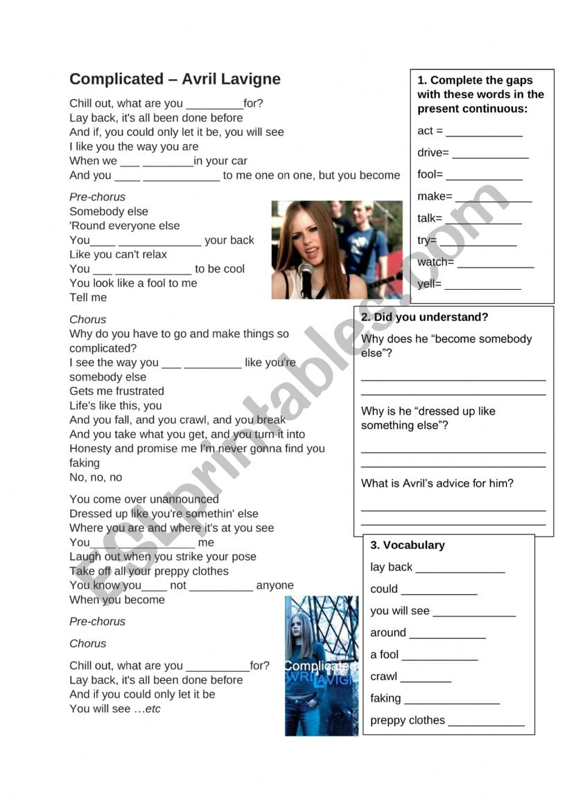 Avril Lavigne Complicated worksheet