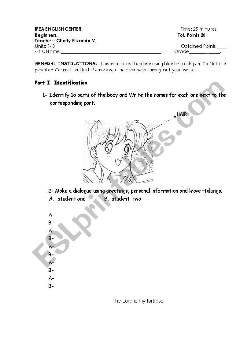 body parts worksheet