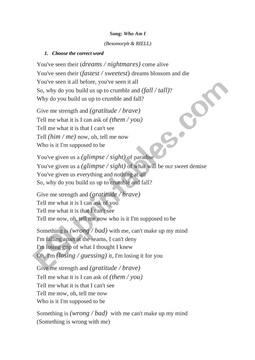Who am i song about identity esl worksheet by gjmirandas8