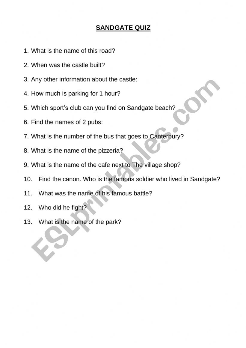 Sandgate Quiz UK worksheet