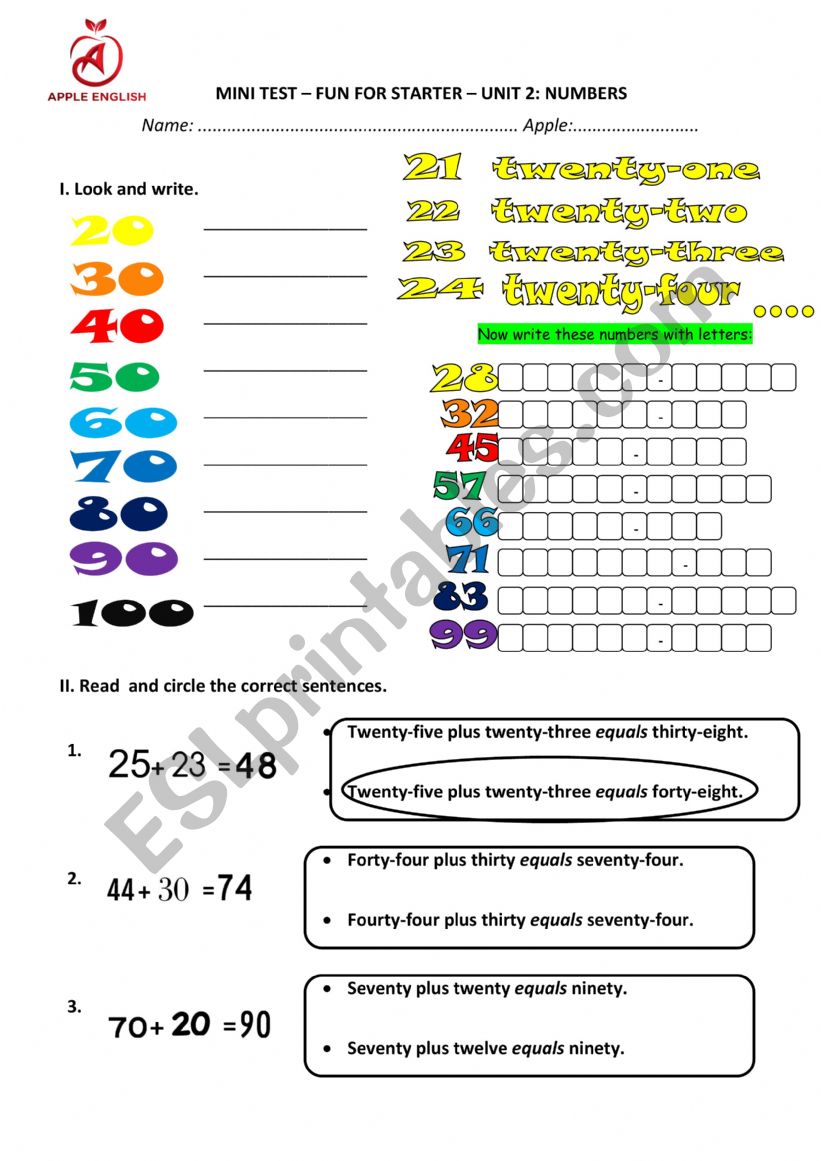 numbers worksheet