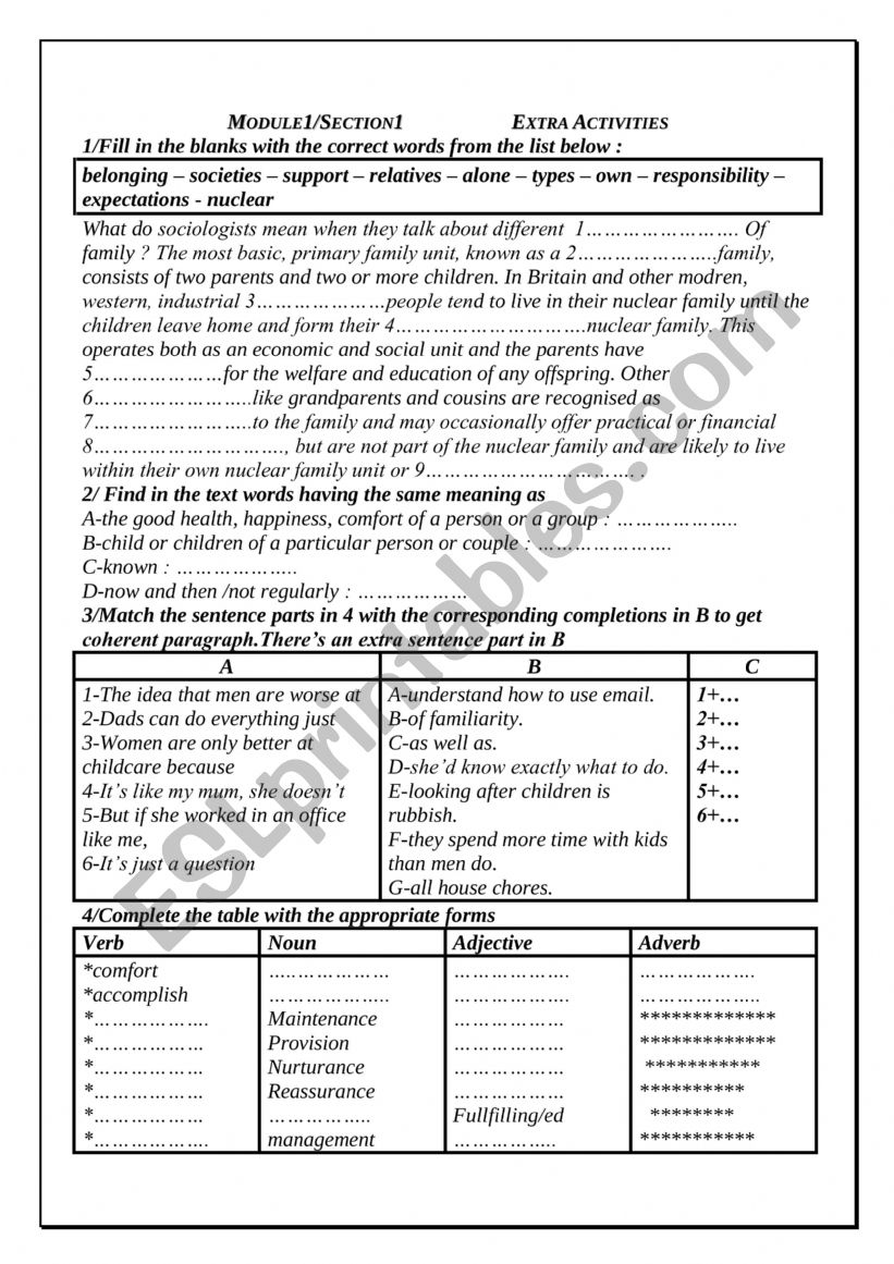 Extra Activities worksheet