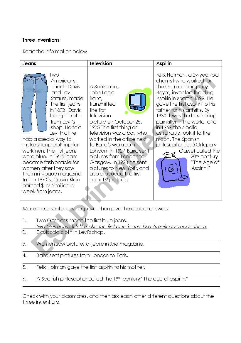 Three Inventions worksheet