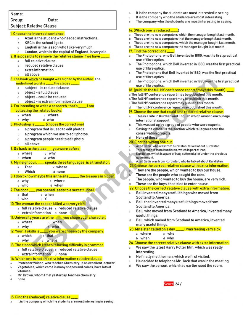 Relative Clause worksheet