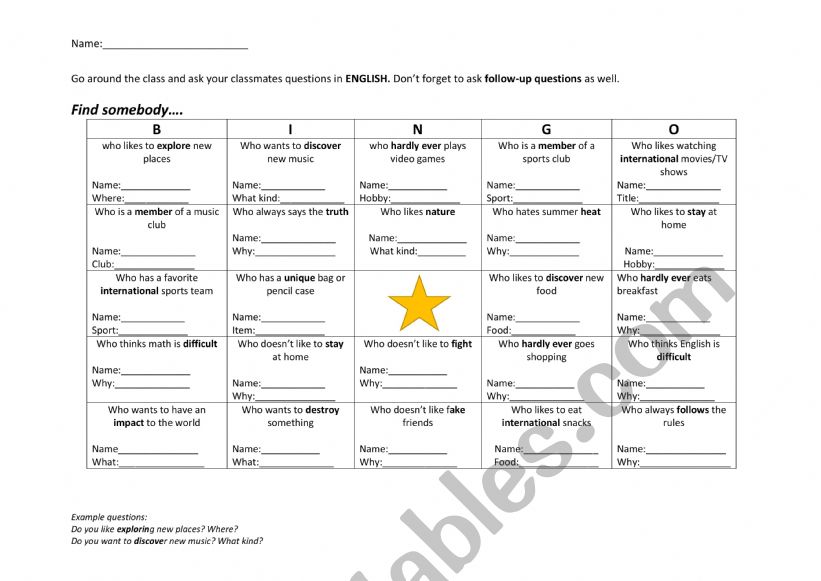 Human Bingo worksheet