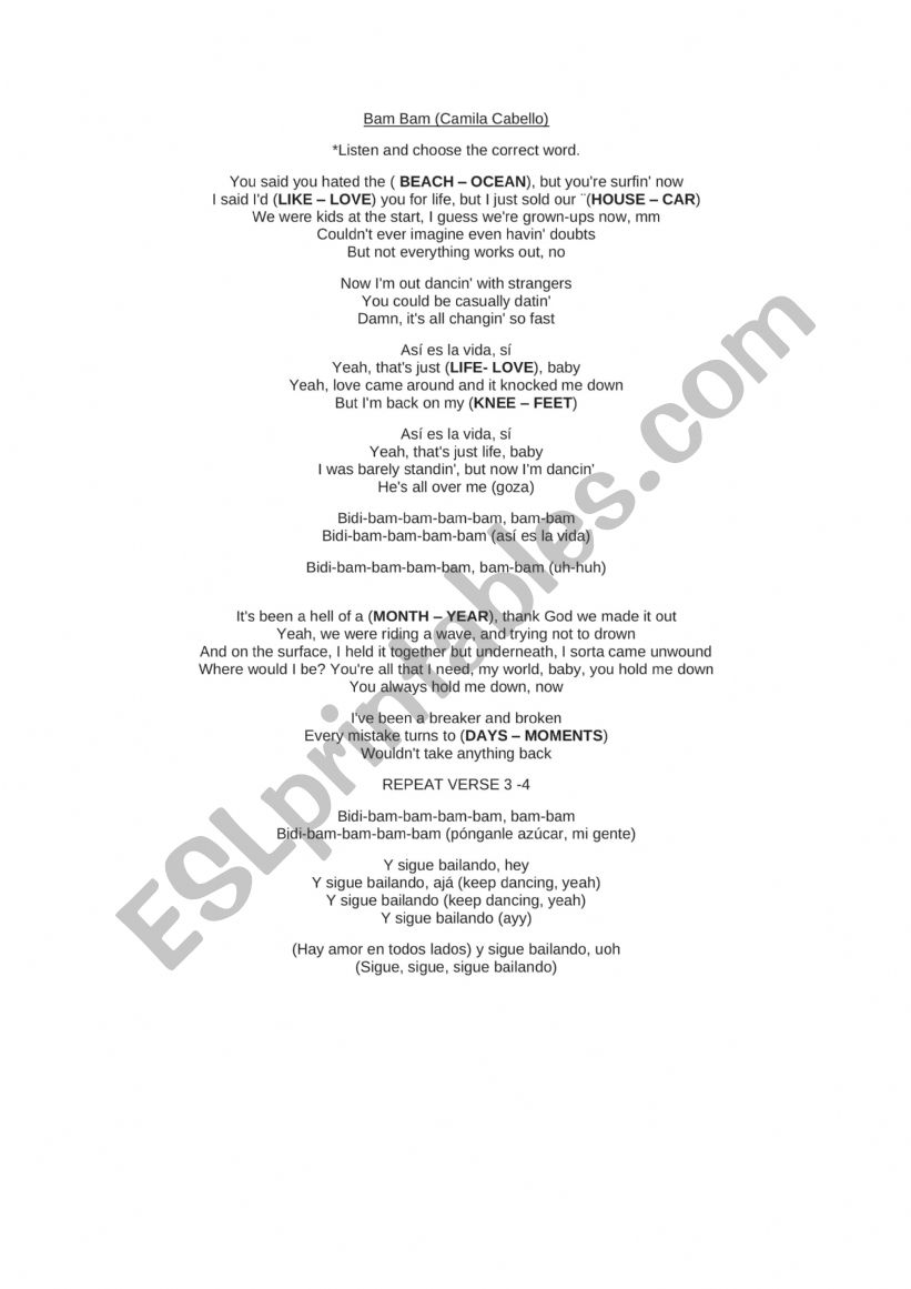 song Bam Bam worksheet