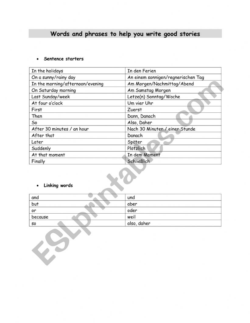 sentence starters and linking words 