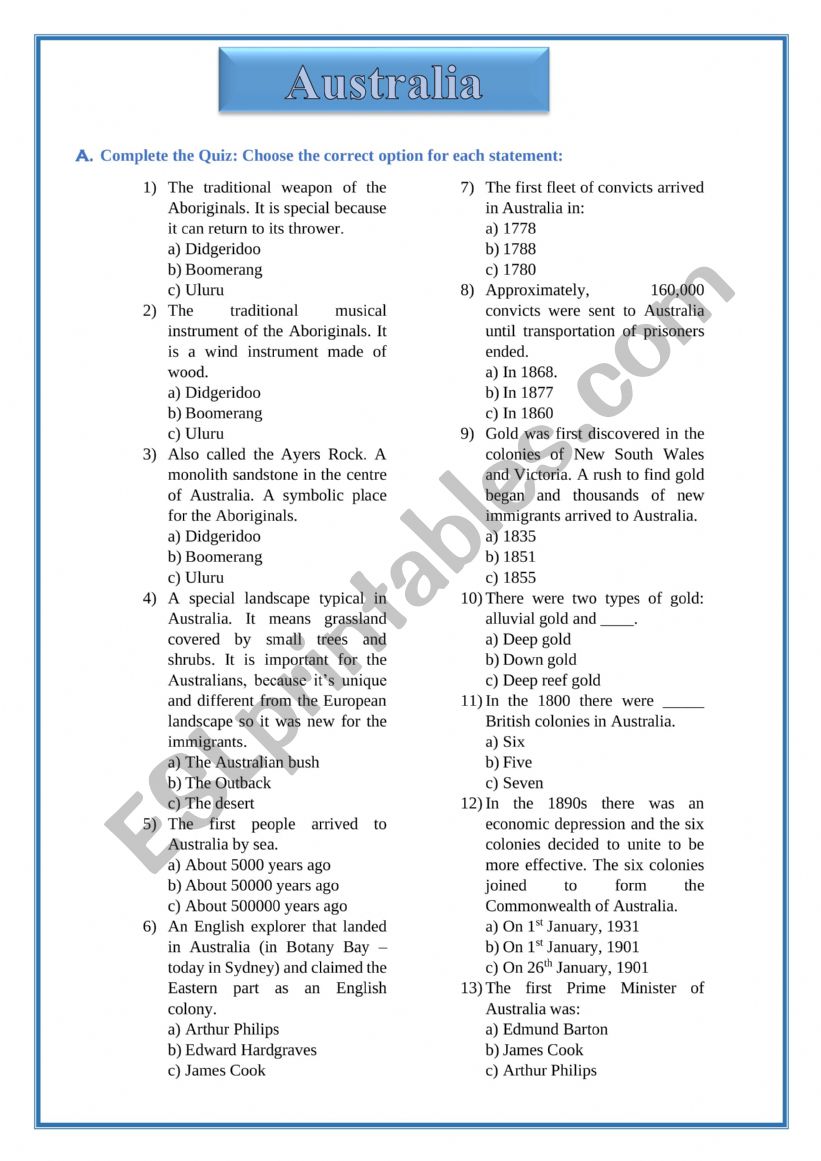 Australia - easy quiz worksheet