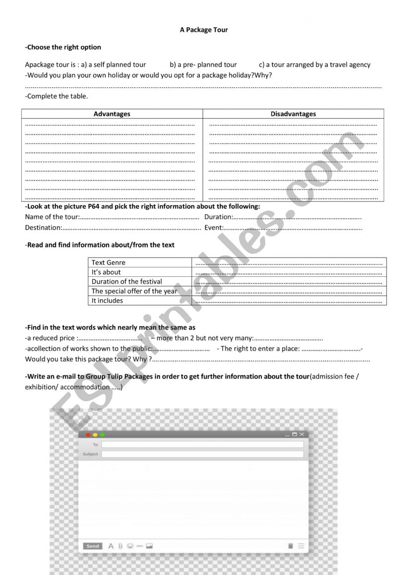 A package tour  worksheet