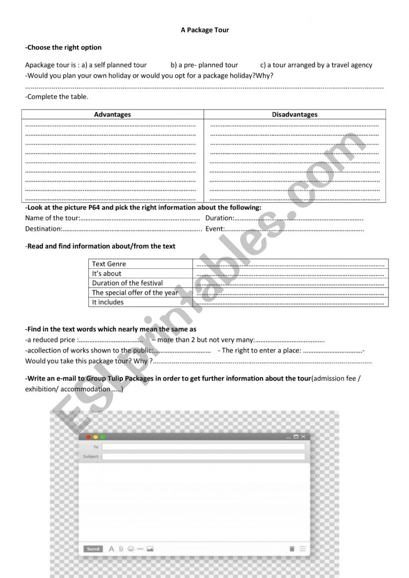 A package tour  worksheet
