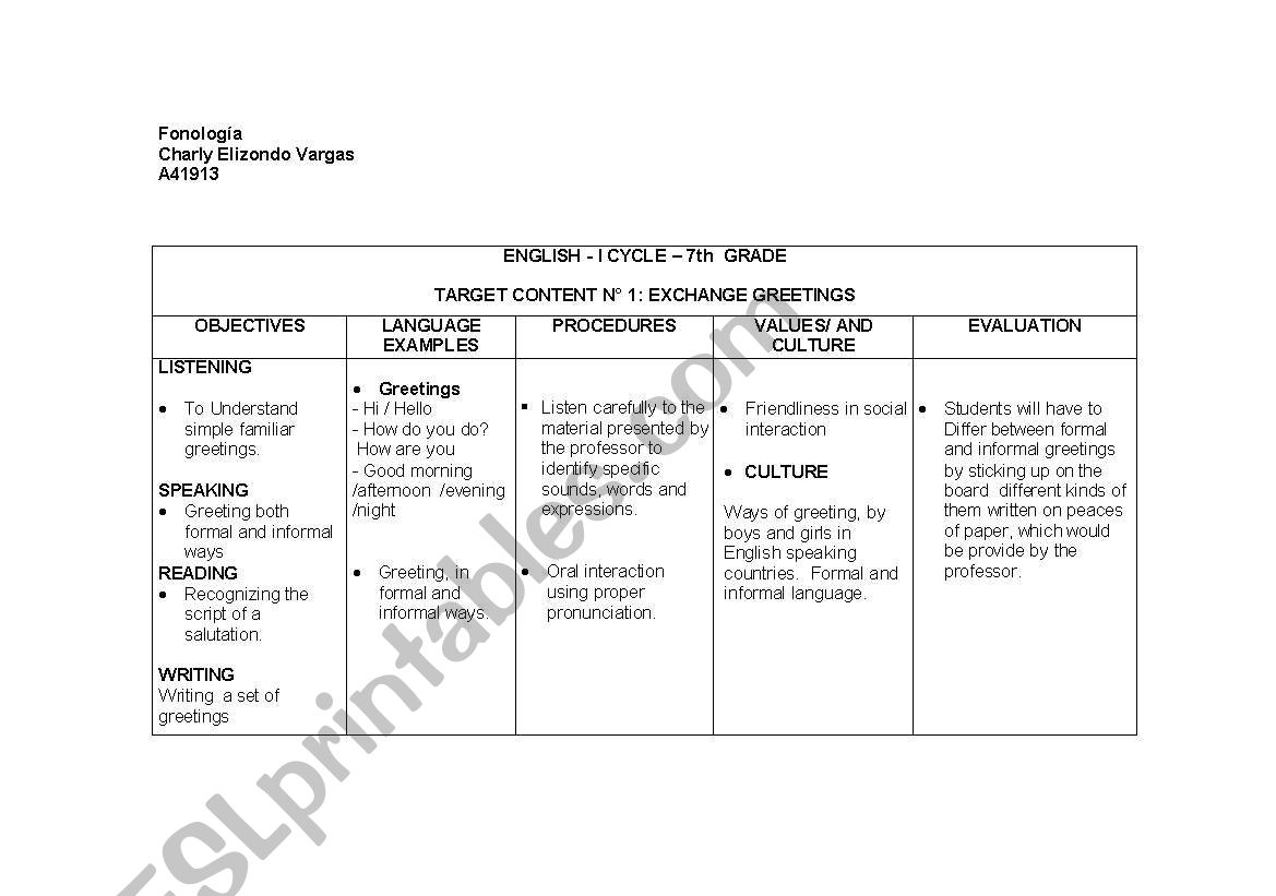 greetingns plannig worksheet