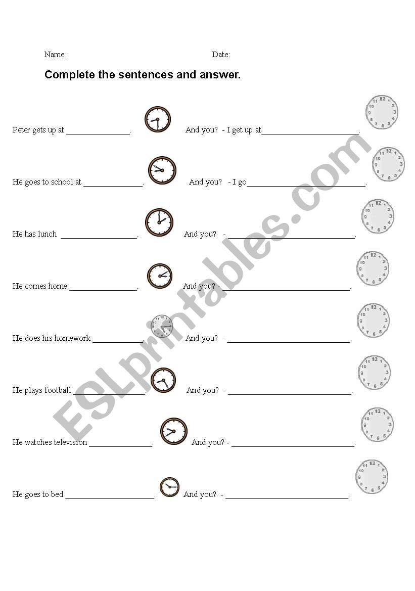 Daily routines/ time worksheet