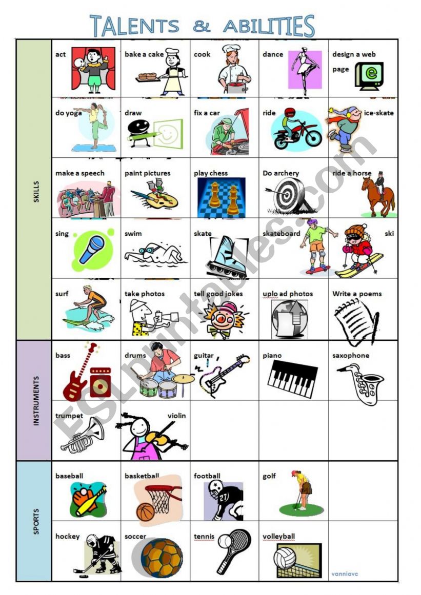 Talents And Abilities Pictionary ESL Worksheet By Vanniavc