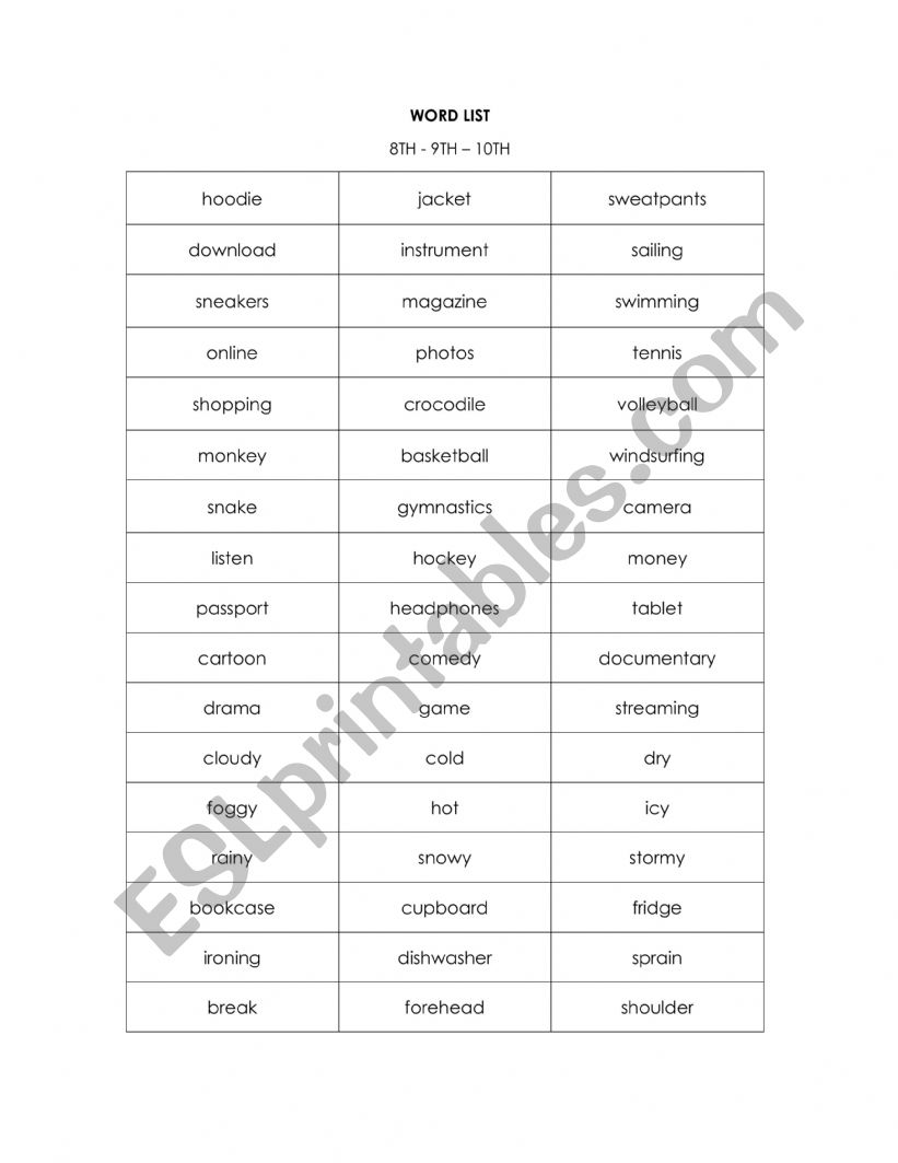 WORD LIST FOR SPELLING BEE worksheet