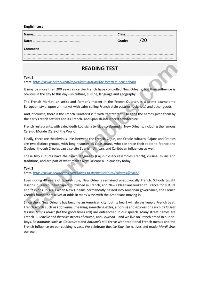 Reading test (New Orleans) worksheet