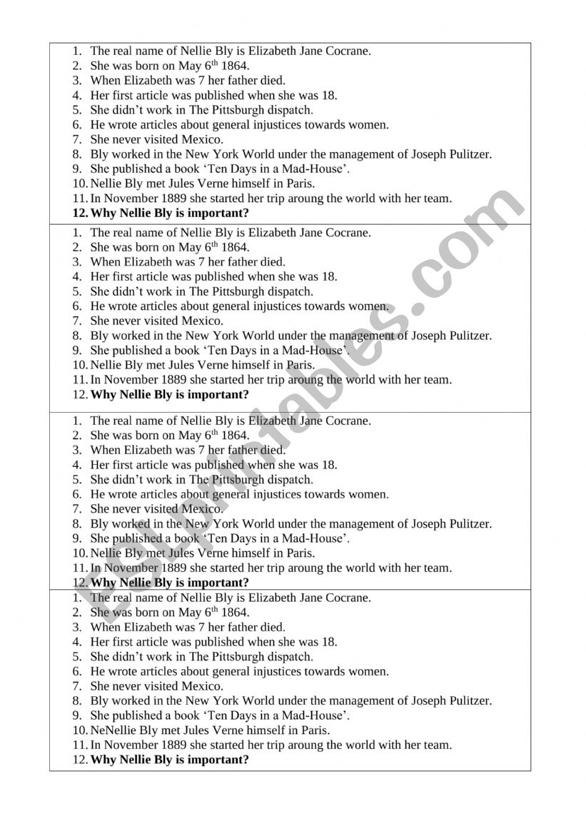 Nellie Bly worksheet