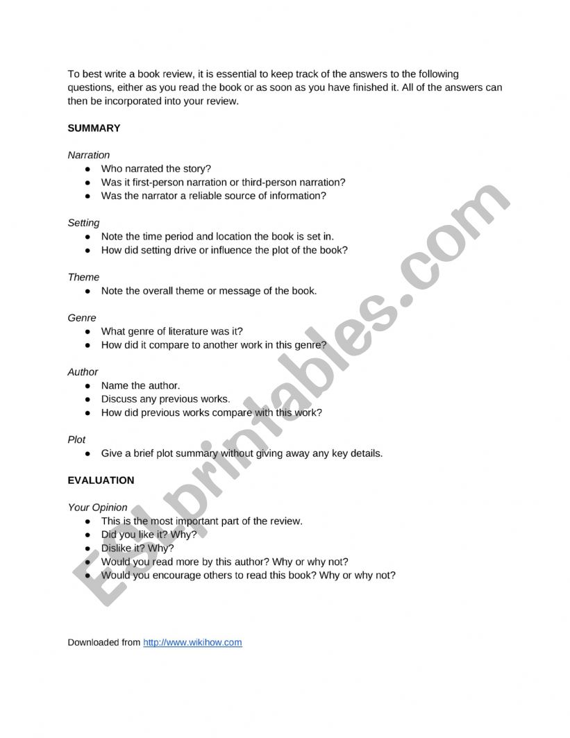 Book review template  worksheet