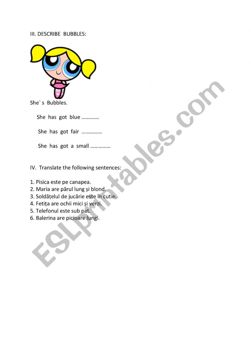 Describe Bubbles worksheet