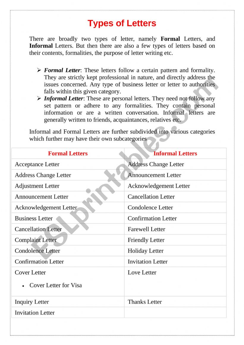types of  letters worksheet