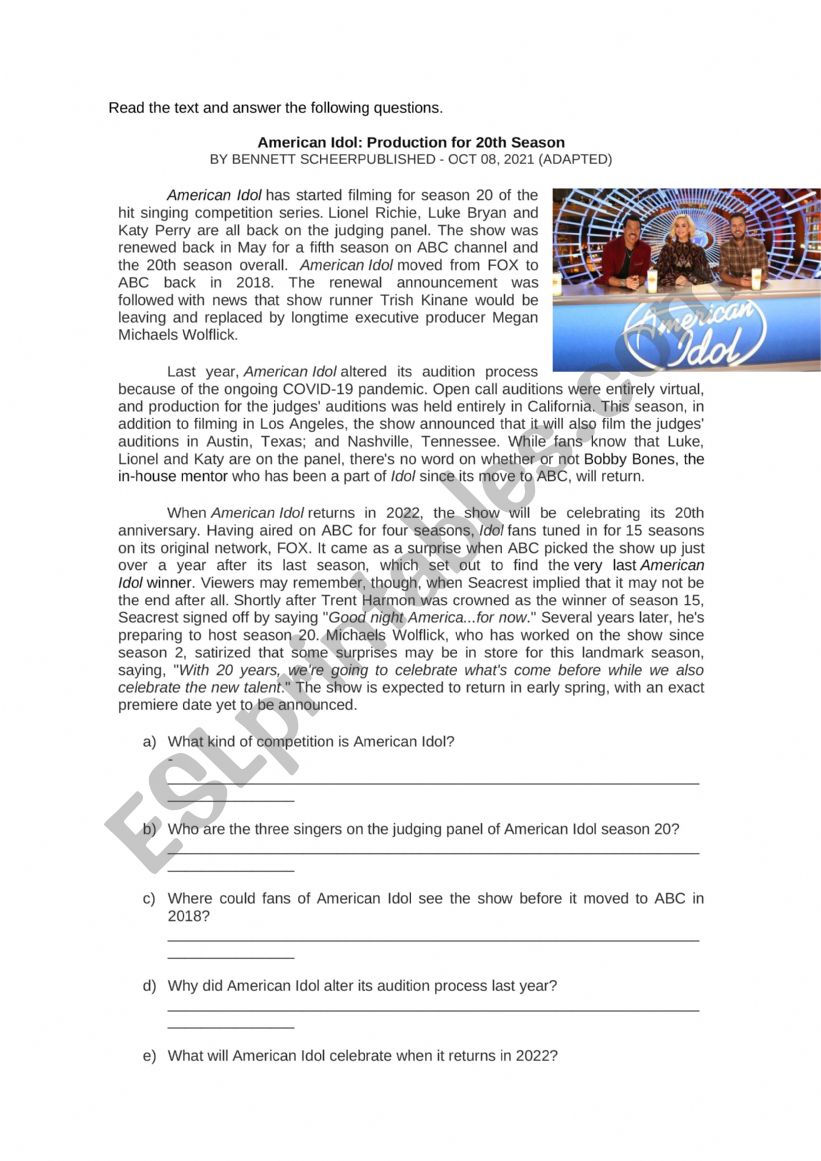 Amrican Idol worksheet