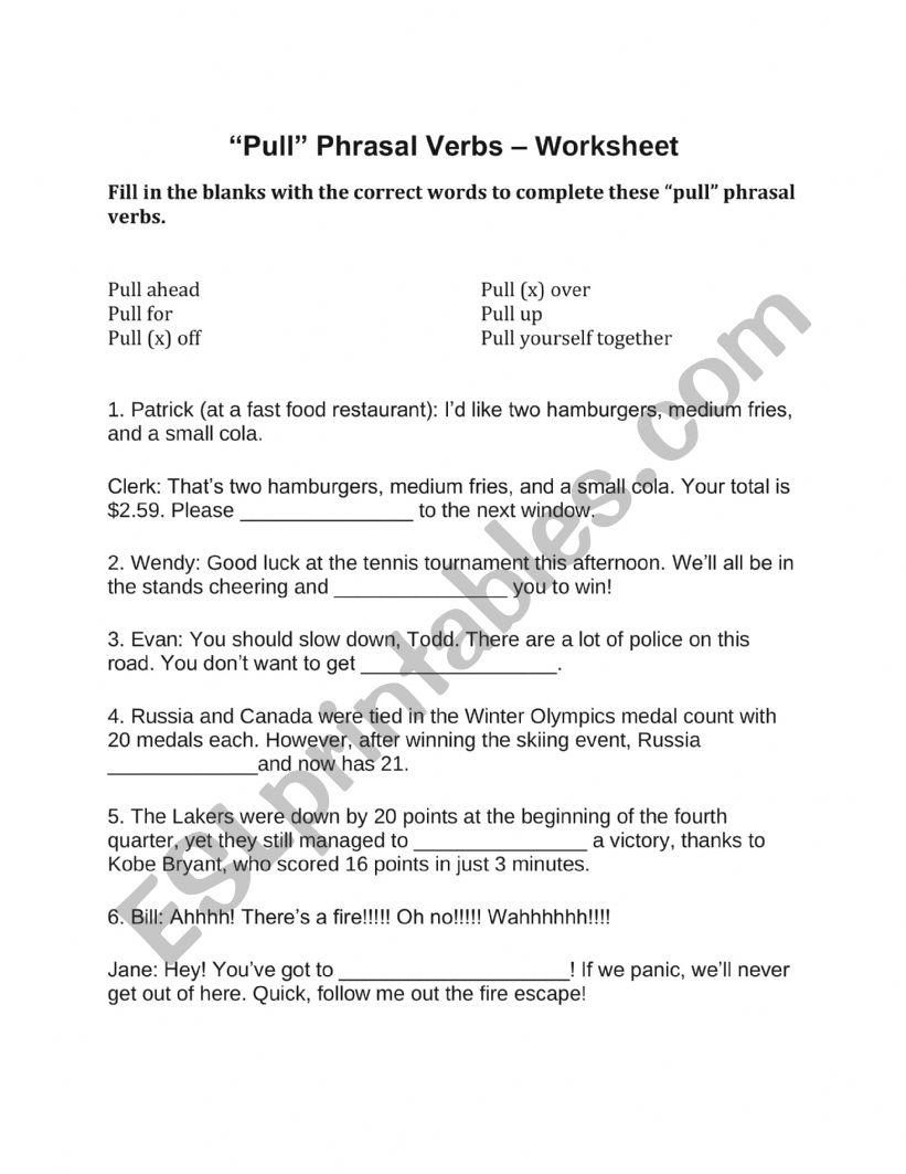 Pull Phrasal Verb Worksheet worksheet