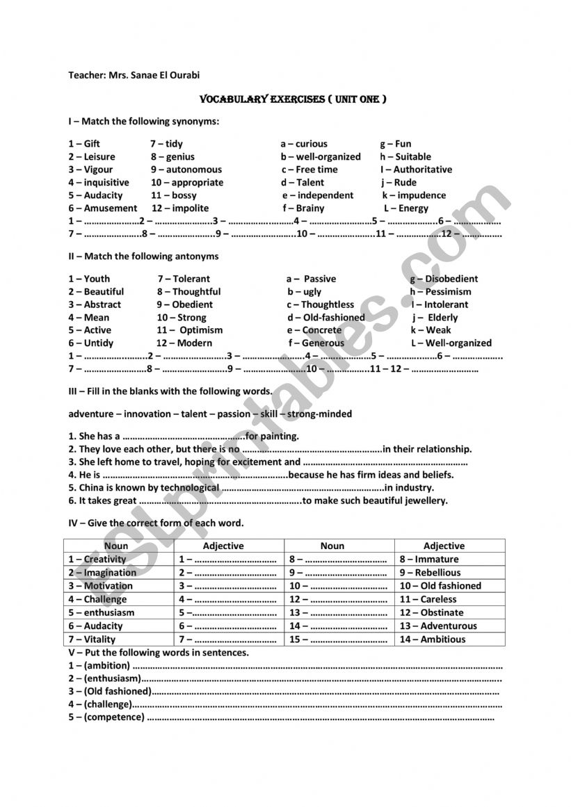 vocabulary exercises worksheet