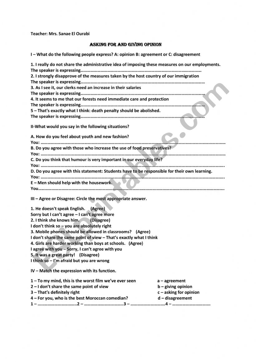 aski g for and giving opinion worksheet