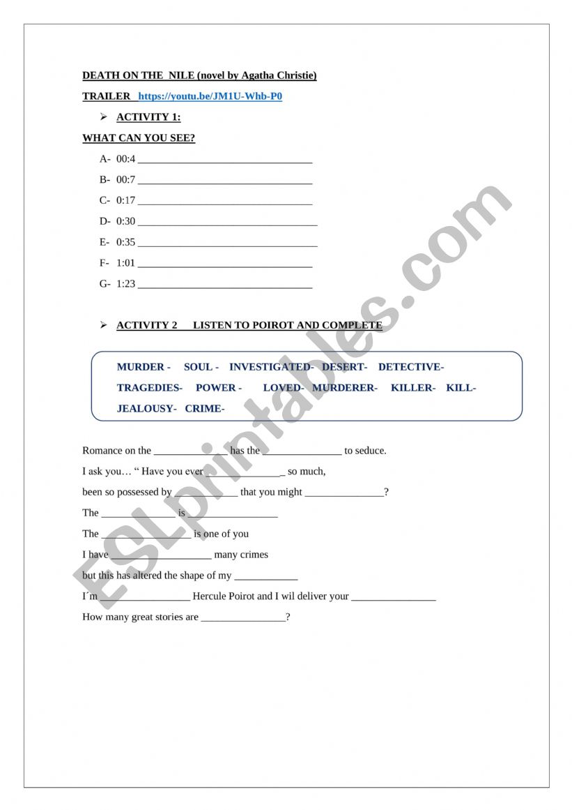 DEATH ON THE NILE TRAILER worksheet