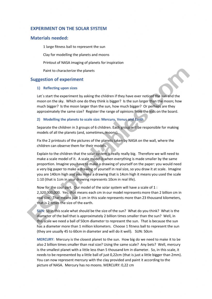 Experiment: scale solar system instructions in english