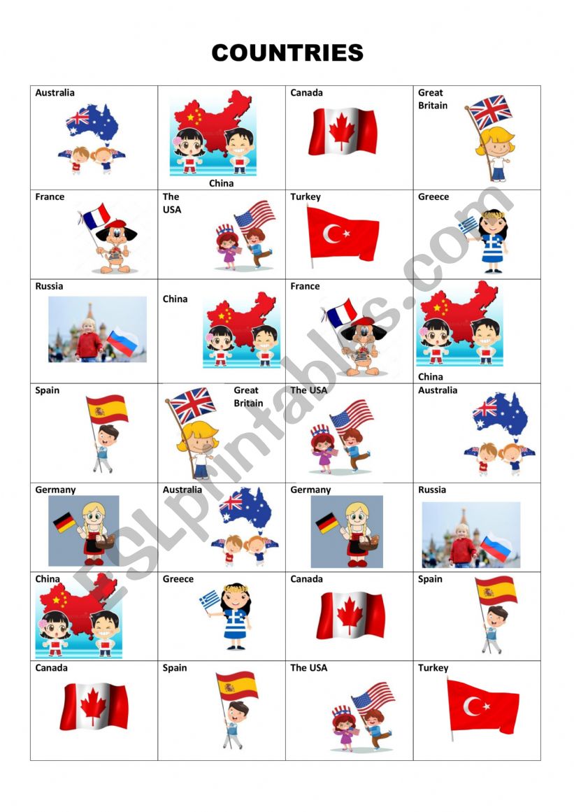Countries 4 in a row worksheet