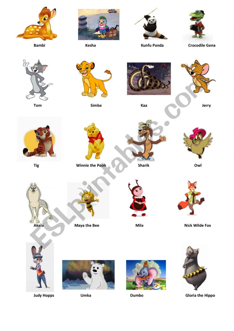 Cartoon characters animals - ESL worksheet by Flower1906