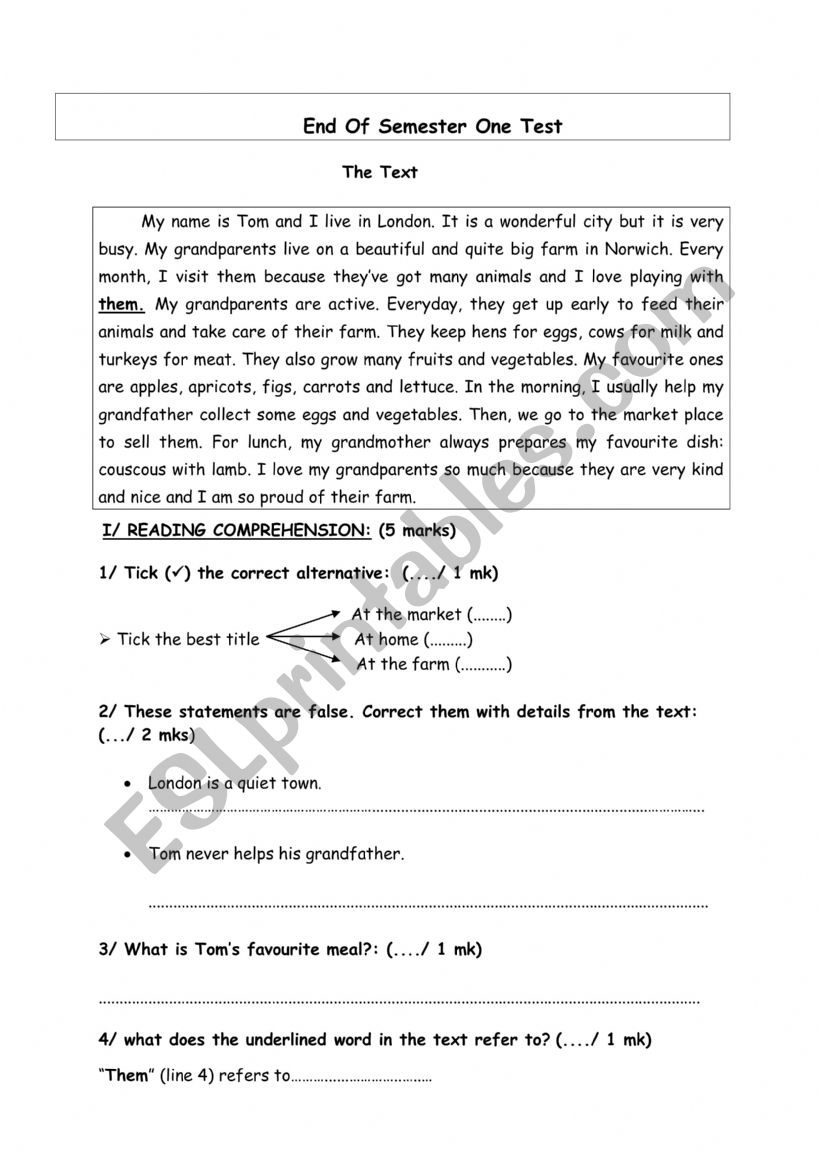 End Term 1 Test worksheet