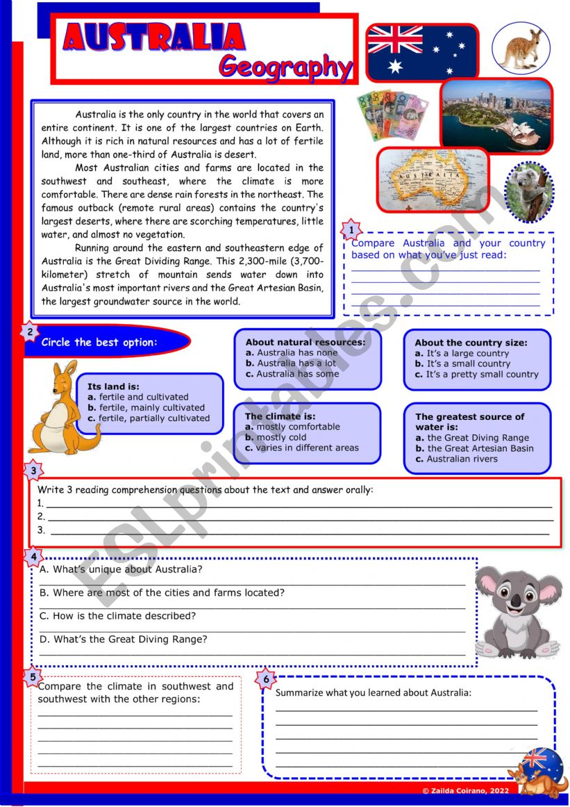 Australia Geography • Reading Comprehension • 6 tasks ESL worksheet