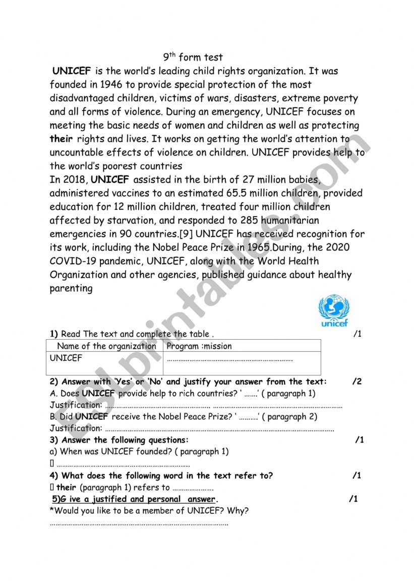 Test 9th form worksheet