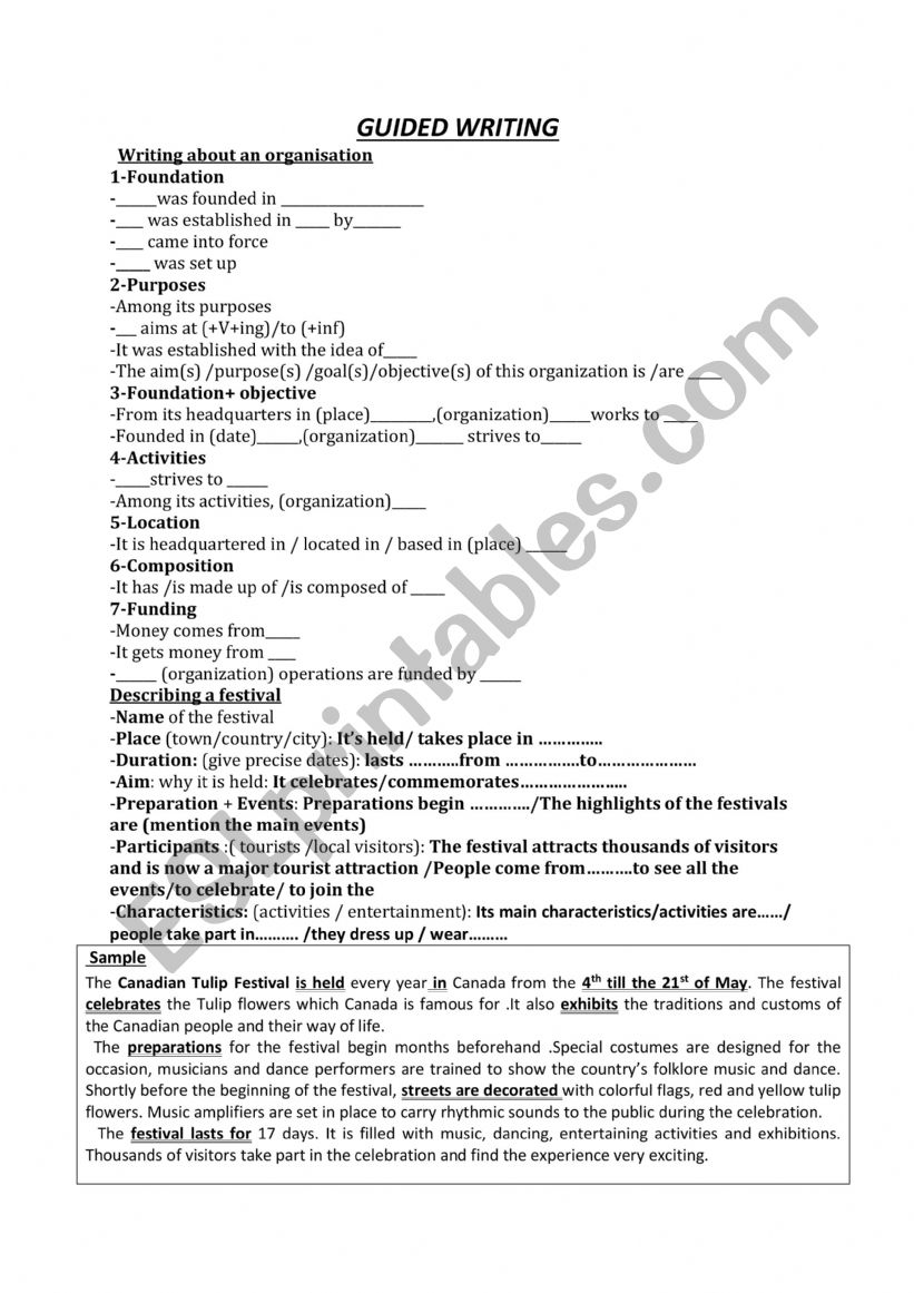 guided writing expressions for bac students (organisation, festival)