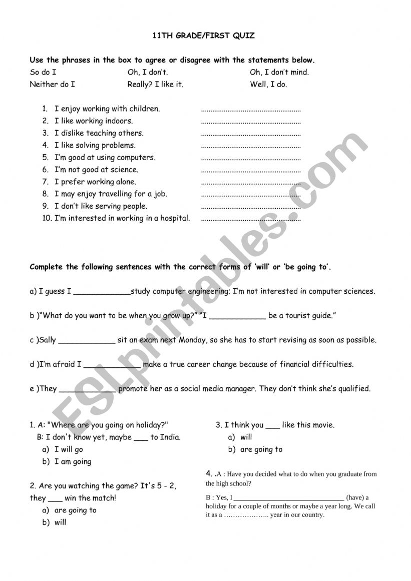 future plans short quiz worksheet