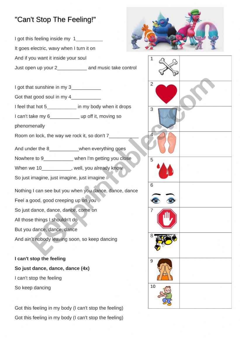 Can´t stop the feeling ESL worksheet by febassanesi