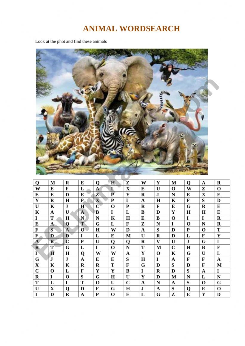 Animal wordsearch worksheet