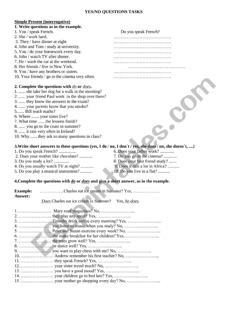 yes no questions tasks worksheet