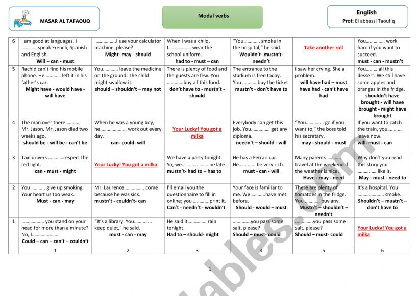 modal verbs dice game 2bac worksheet