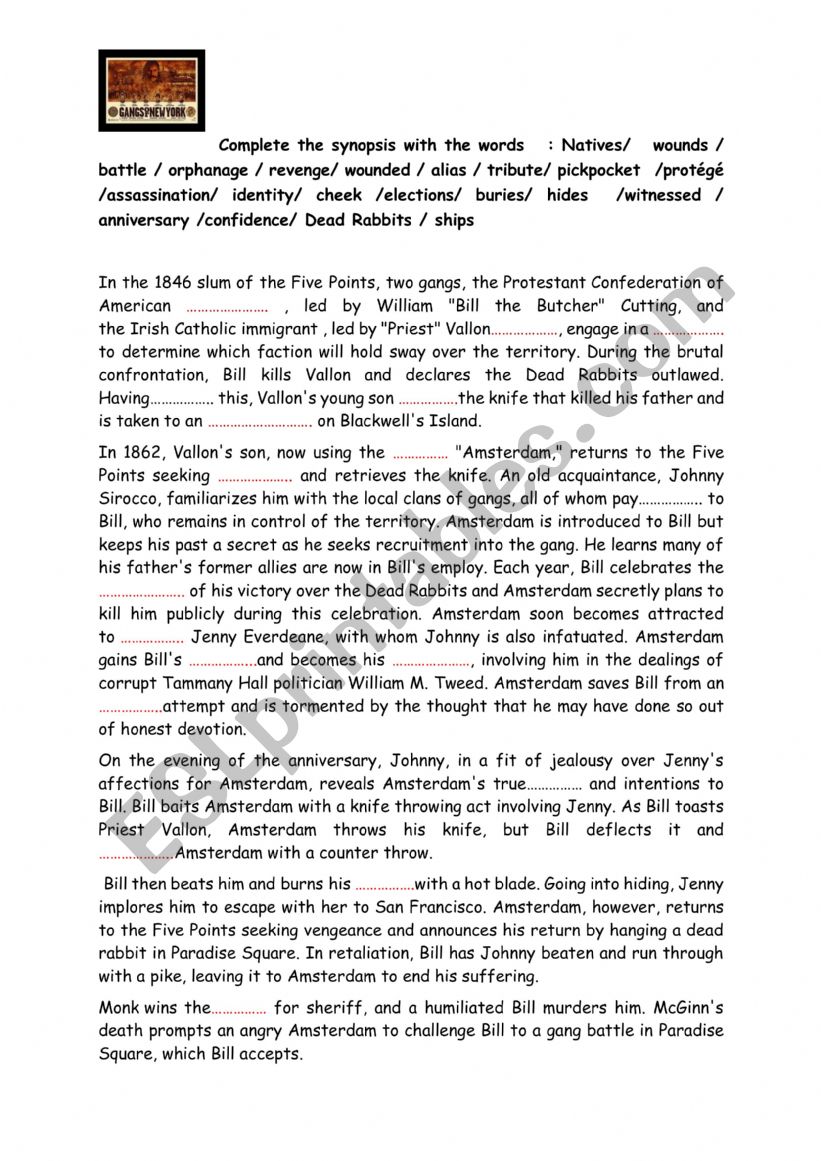 synopsis Gangs of New York worksheet