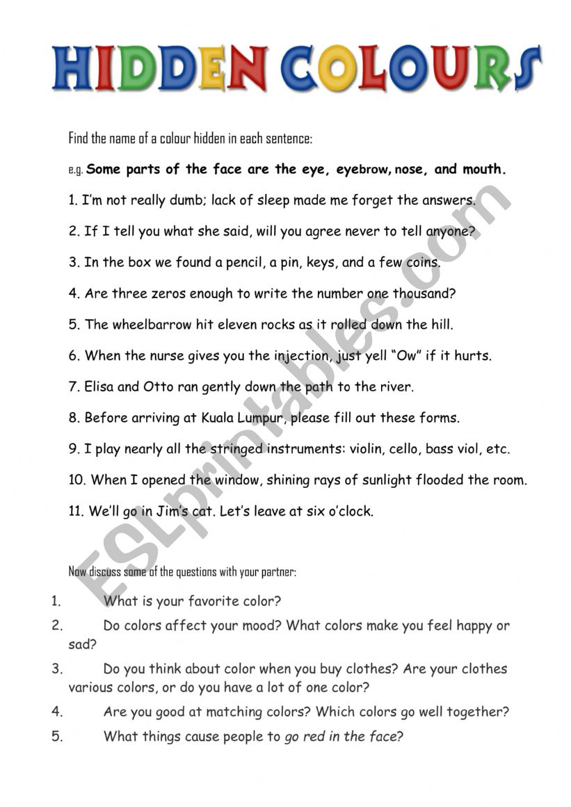 Hidden colours worksheet