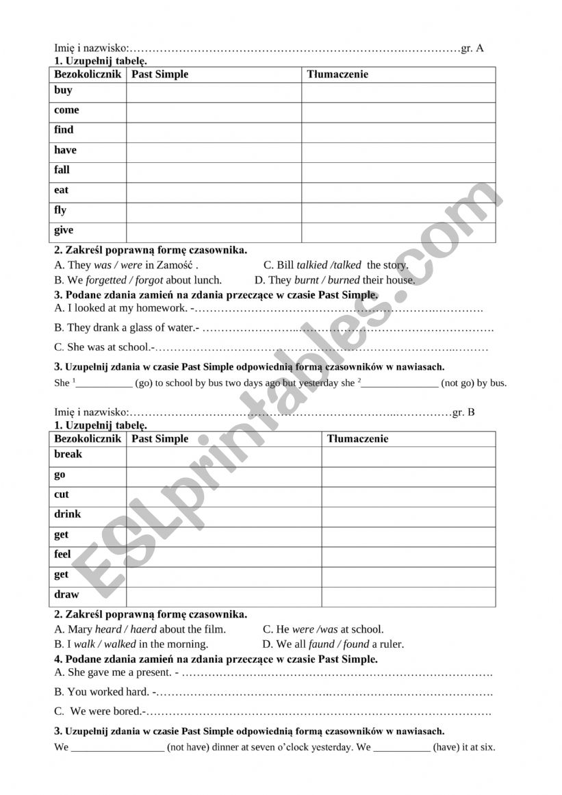 short test Past simple worksheet