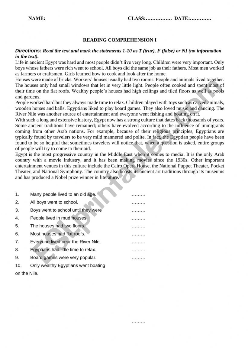 READING COMPREHENSION worksheet